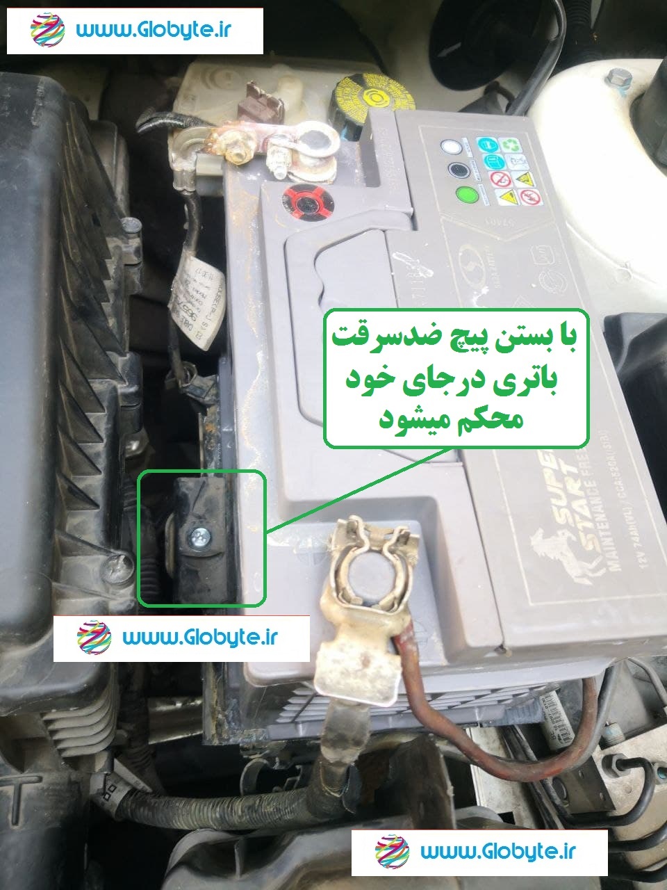 www.Globyte.ir گلوبایت خودرو پیچ ضدسرقت باتری خودو مخصوص باتری 206 صندوقدار V9 دارای پیچ بلند (10)