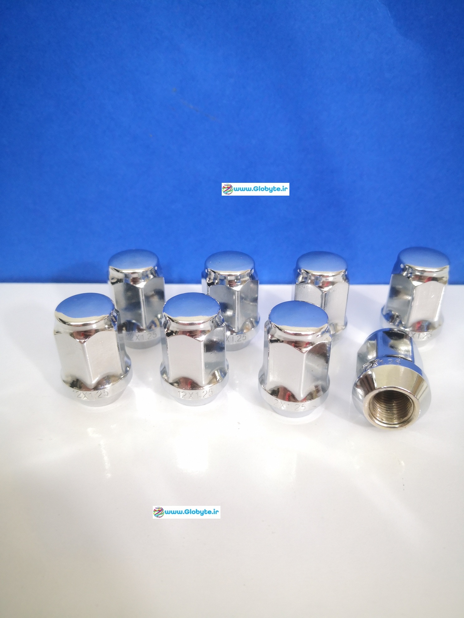 مهره چرخ خودرو کروم براق خارجی سایز 12 1.25 با کله آچارخور 19 www.Globyte.ir گلوبایت خودرو (1)